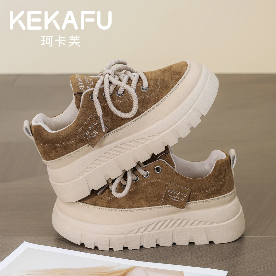 珂卡芙2025秋冬新款麂皮系带钢琴底板鞋潮流百搭时尚休闲鞋女鞋子