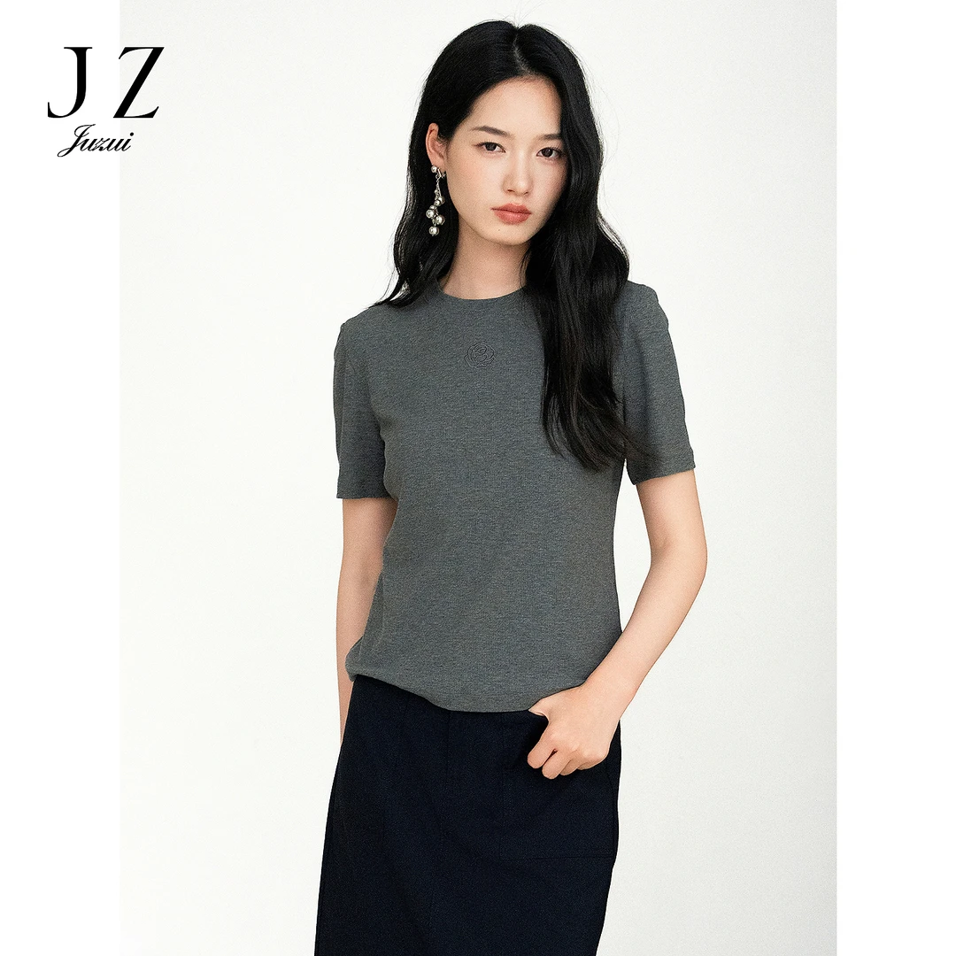JUZUI玖姿休闲简约玫瑰刺绣罗纹修身T恤女2025夏季新款JWFX83333