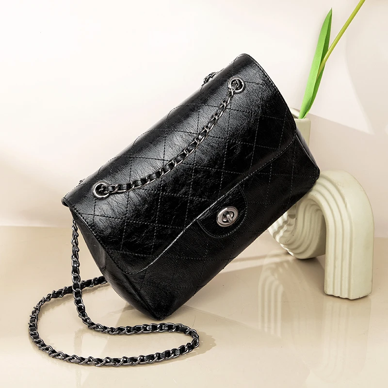 天美意女包新款小香风菱格包牛皮单肩包通勤包大容量链条包斜挎包