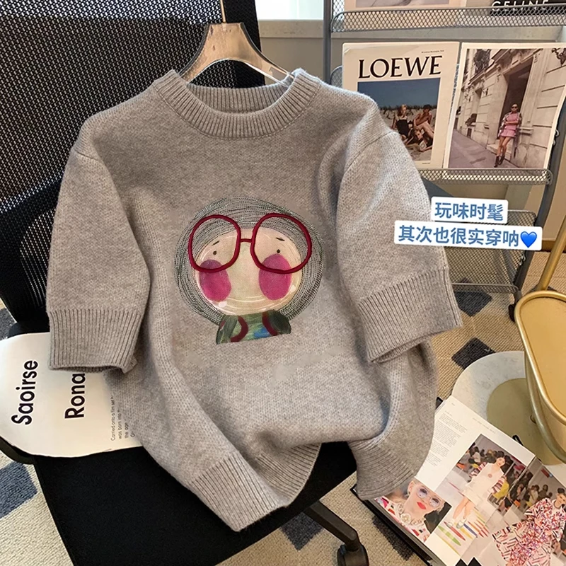 灰色针织短袖t恤女春夏2025新款欧货正肩设计感小众卡通印花上衣