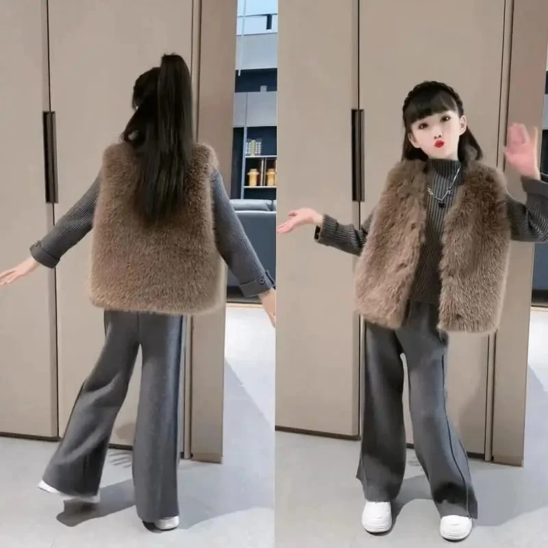 MK&DK女童2025秋冬洋气套装加厚气质套装女童毛毛马甲三件套