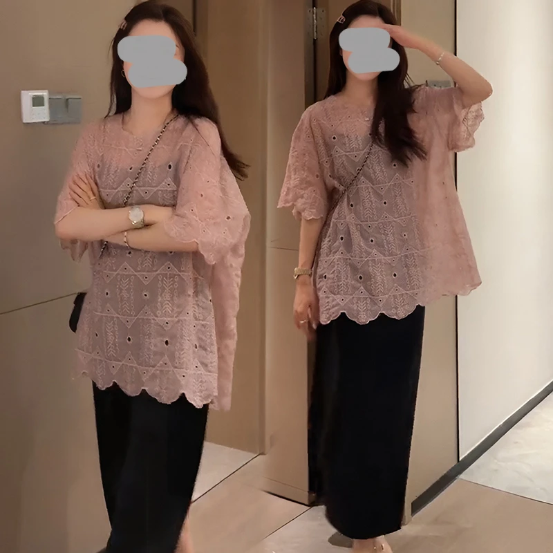 镂空极简风圆领减龄百搭短袖上衣女2025夏季后开叉垂感半身裙套装