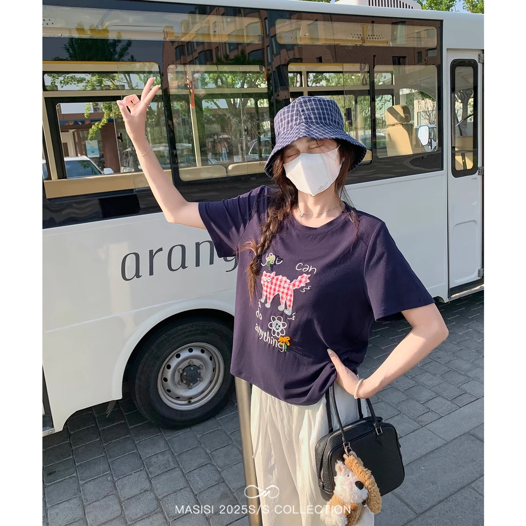 马西西大码女装复古贴布绣小猫短袖T恤夏季胖mm宽松显瘦短款上衣