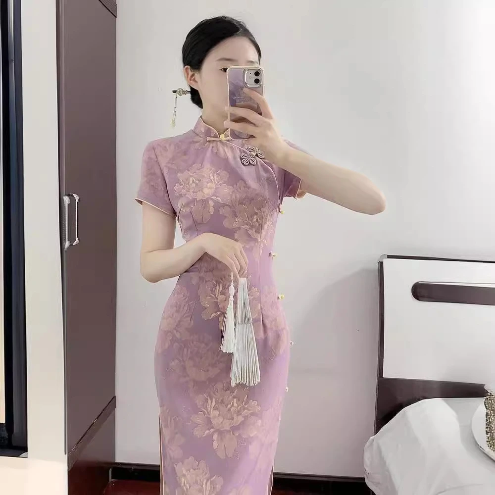 紫色旗袍高贵2024年新款夏季改良年轻款少女超好看新中式日常可穿