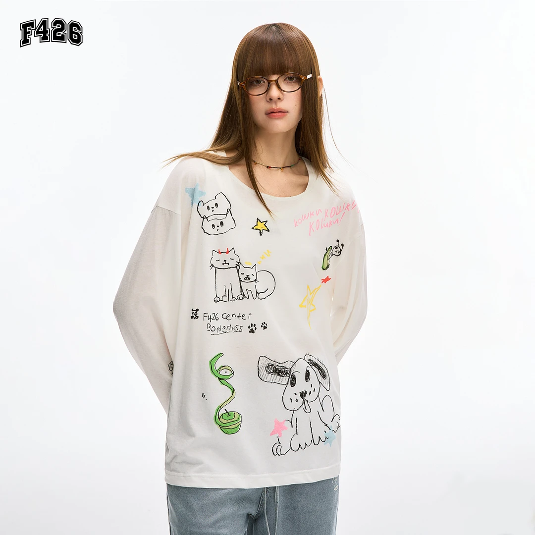 F426潮牌斜肩趣味涂鸦印花长袖T恤罩衫夏季薄款透气露肩上衣0122