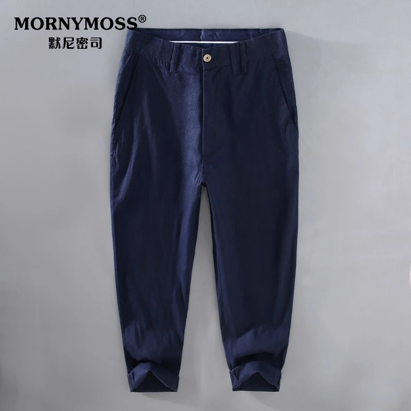 轻奢高端小西男士九分裤亚麻潮流纯色裤修身直筒裤棉麻布料休闲裤