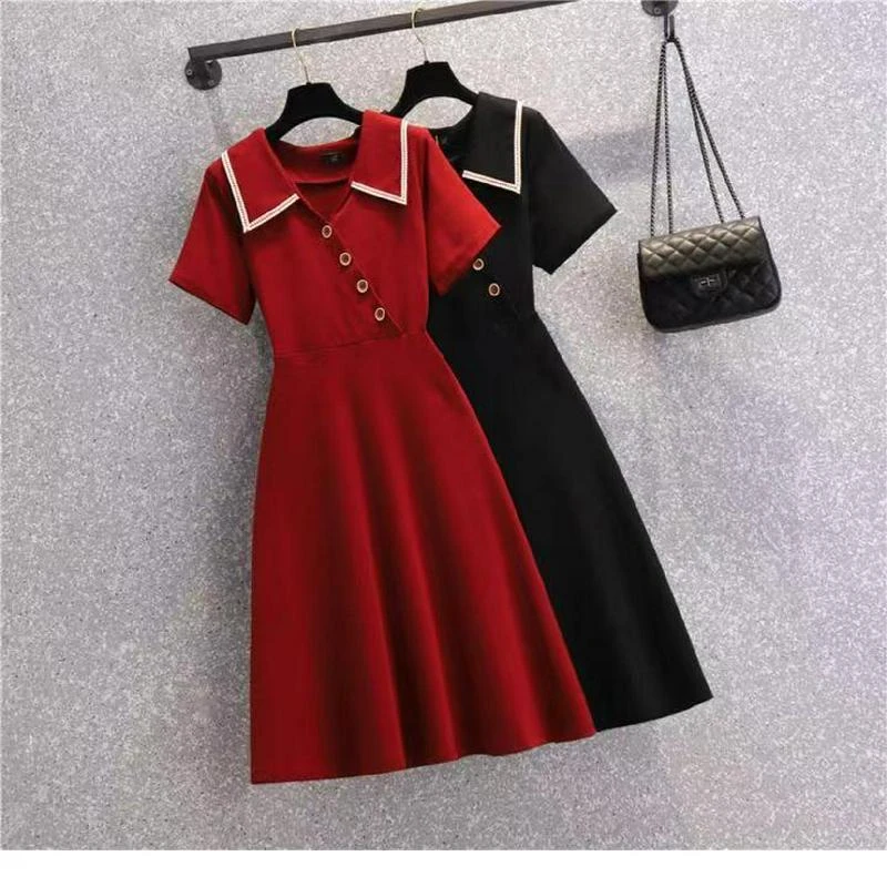 中腰夏季新品大码女装200斤胖妹妹显瘦法式桔梗赫本风遮肚减龄连