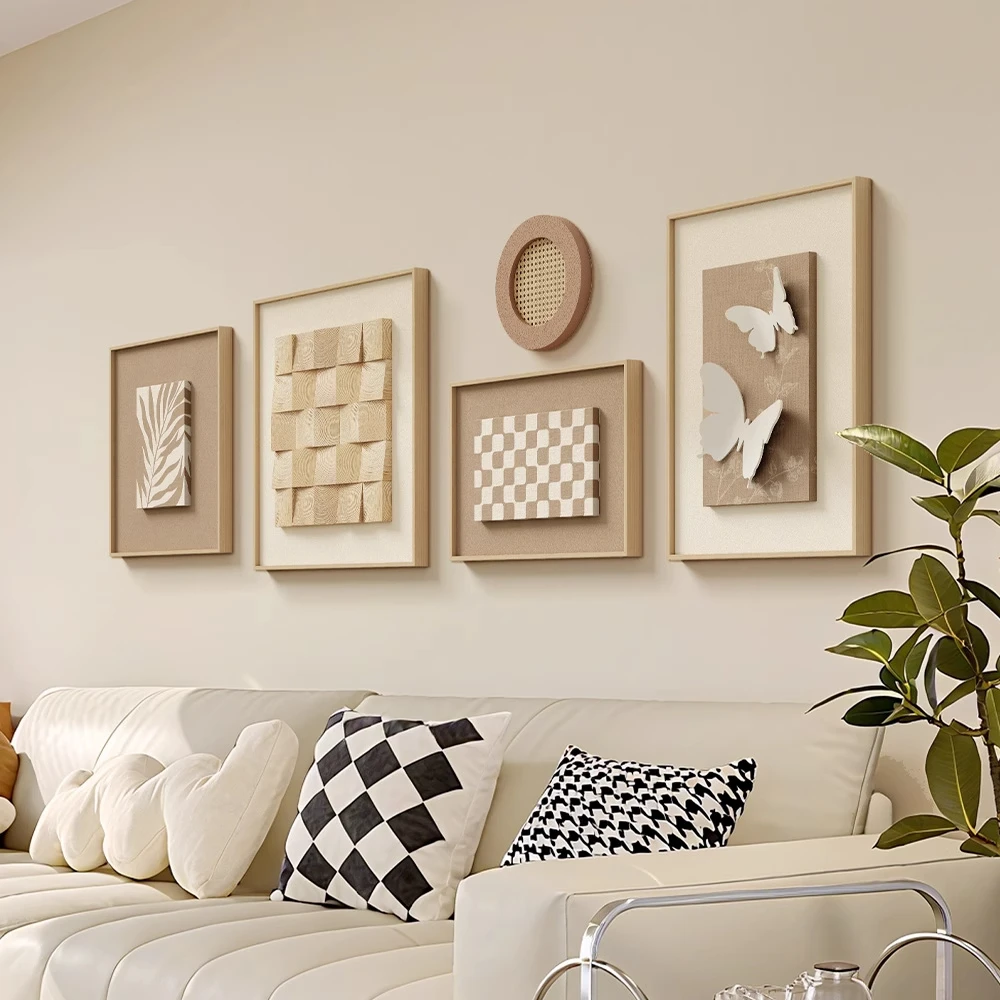 法式奶油风原木客厅沙发背景墙装饰画挂画立体蝴蝶组合画餐厅壁画