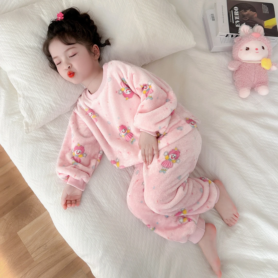 女童睡衣套装秋冬法兰绒女宝宝睡衣卡通加厚儿童法兰绒保暖家居服