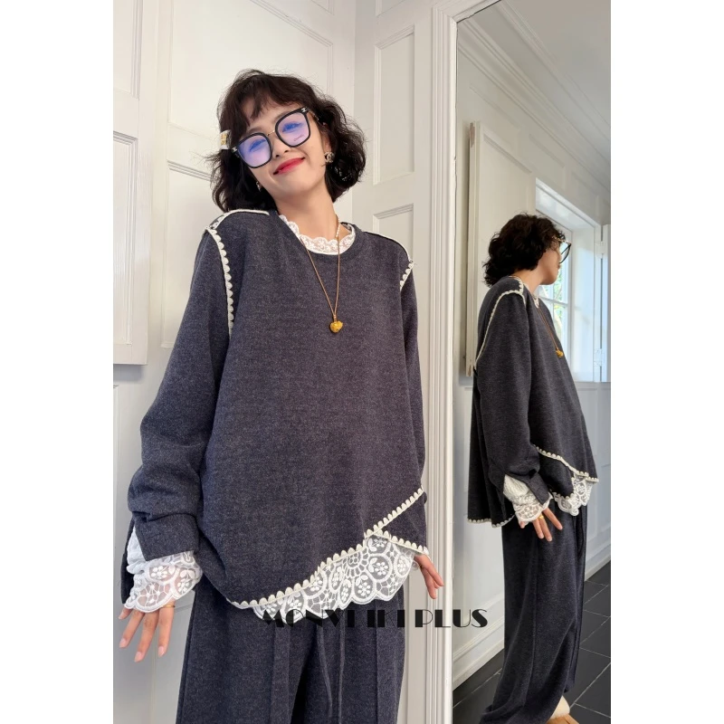 MoNvKiKiPlus2「晨清」羊绒大码微胖结构设计贝壳绣情侣上衣#B589A