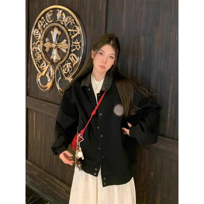 学院风韩系简约翻领拼接夹克外套女春秋季爆款宽松显瘦百搭上衣潮
