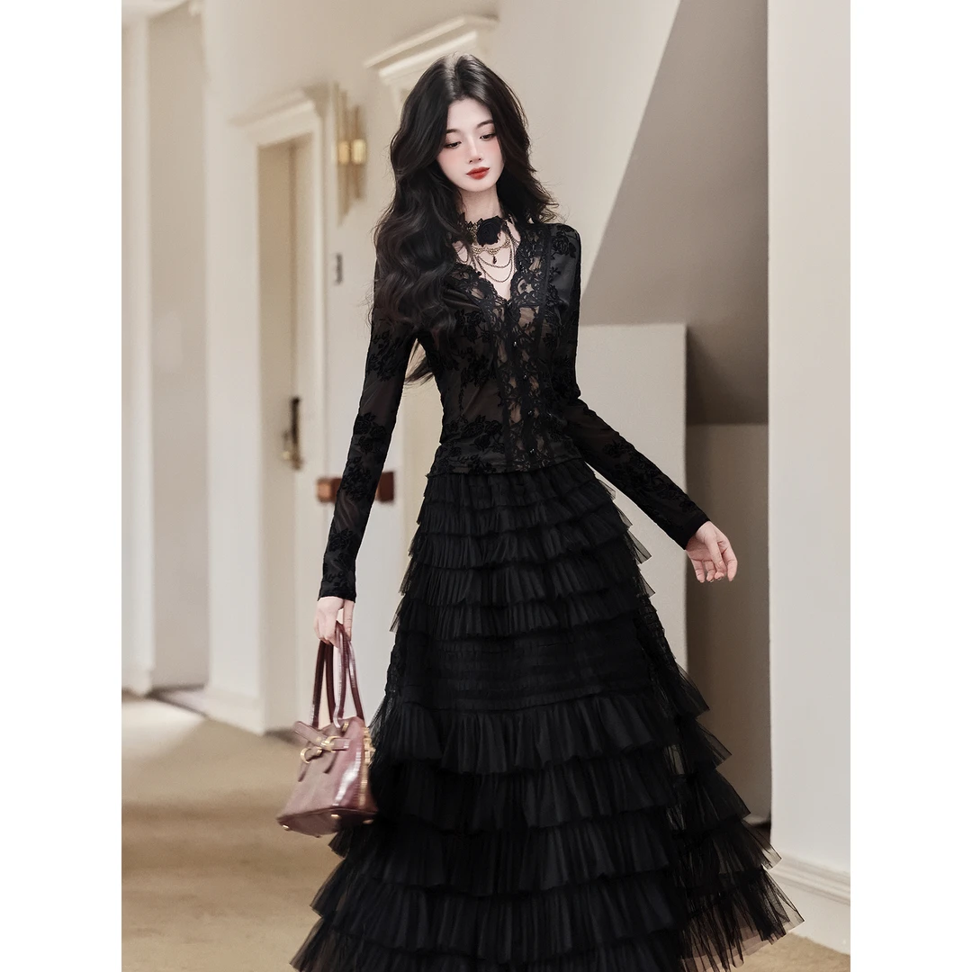 秋冬长袖黑色蕾丝上衣搭配半身裙蛋糕裙气质魅惑小黑裙套装A253