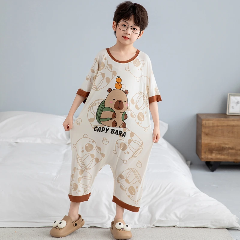 割包皮术后睡袍男童莫代尔睡裙连体睡衣男孩夏季卡皮巴拉睡袋薄款
