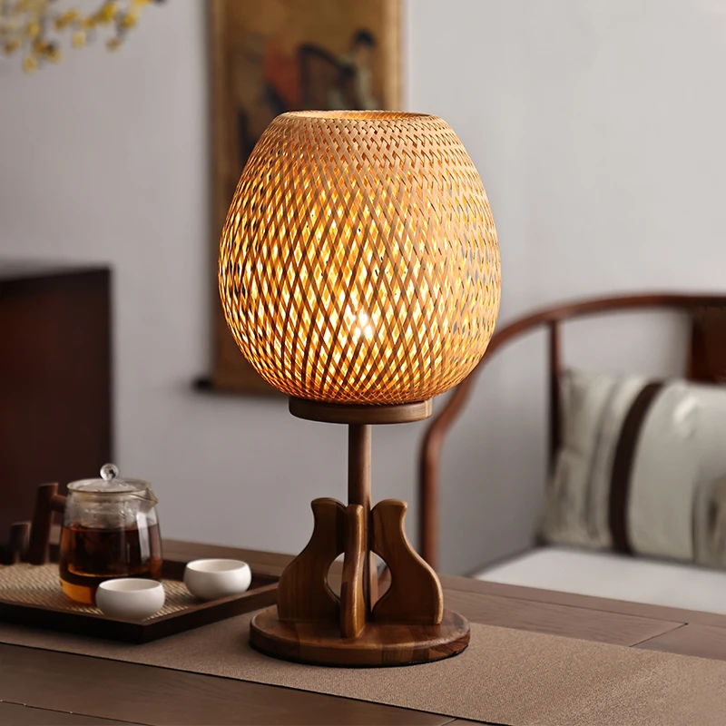 异丽侘寂风实木竹编台灯卧室床头灯茶室古风禅意复古新中式氛围灯