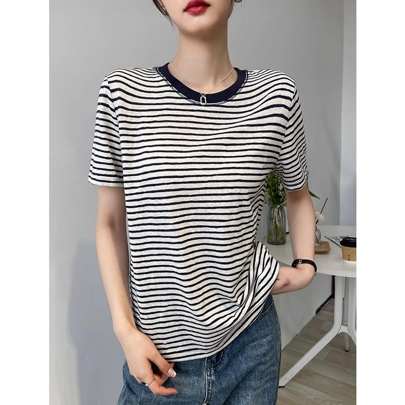 圆领条纹短袖女t恤2025早秋季新款独特设计感内搭打底衫正肩上衣