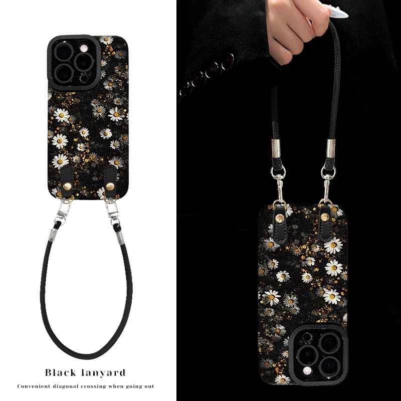夏日小雏菊挂绳适用苹果16手机壳新款华为VIVO翻毛皮小米OPPO防摔