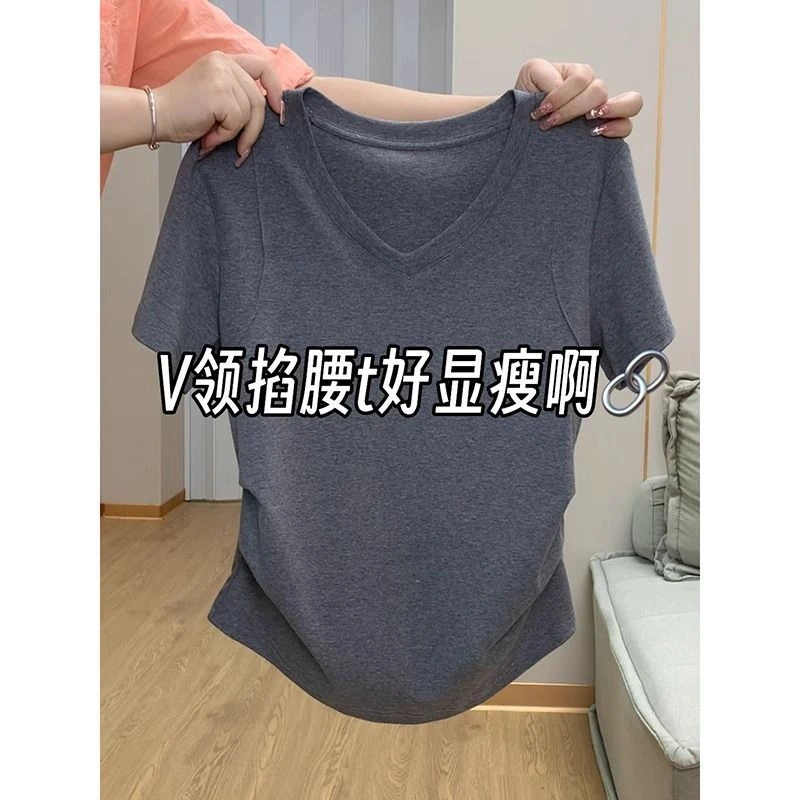 大码胖mm美式复古正肩V领纯色褶皱收腰设计感百搭短袖t恤女上衣潮