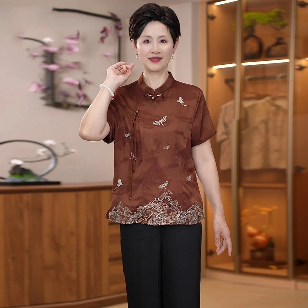 妈妈装国风山水印花刺绣套装2025新款气质洋气新中式复古两件套