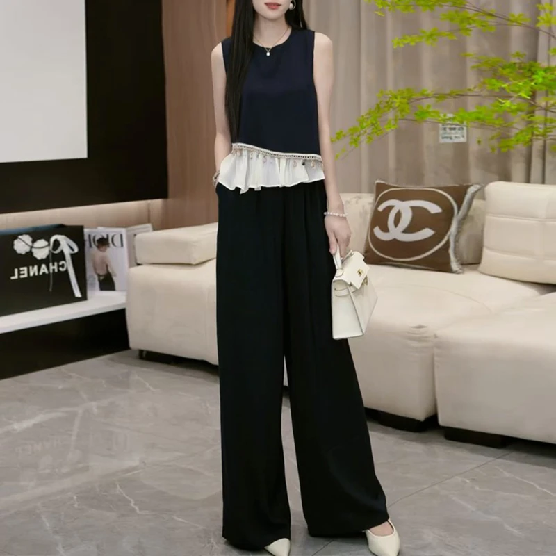 韩版时尚套装女2025夏季新款慵懒风气质无袖上衣显瘦阔腿裤两件套