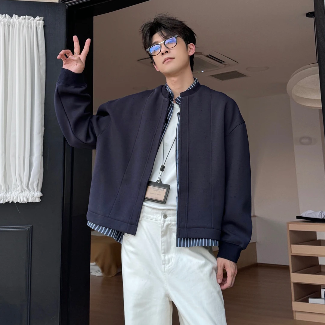 一轩轩轩【浅秋节奏】秋冬休闲百搭男假两件拼接卫衣开衫外套180908