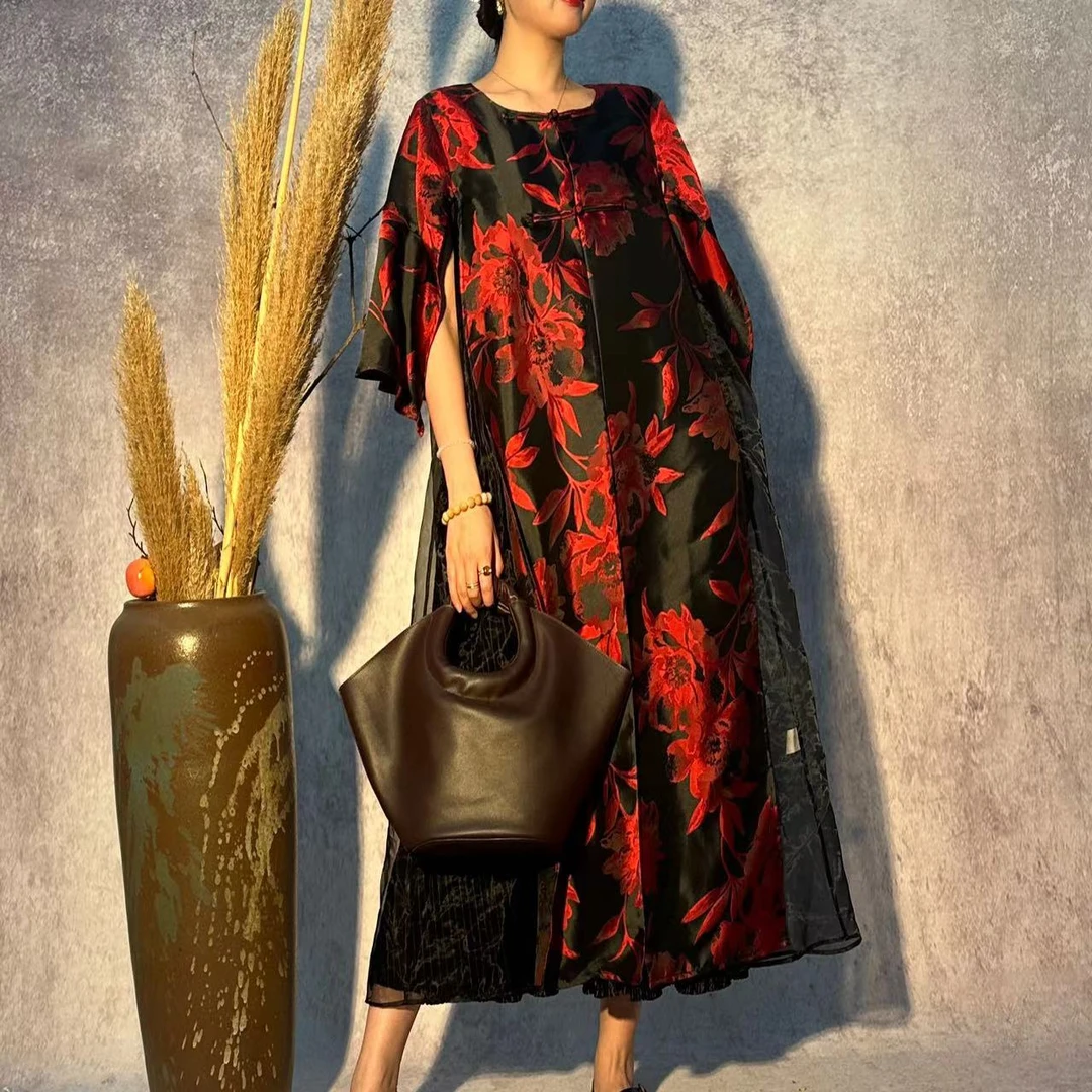 W1627黑红刺绣夏季气质显瘦设计师时尚连衣裙外披