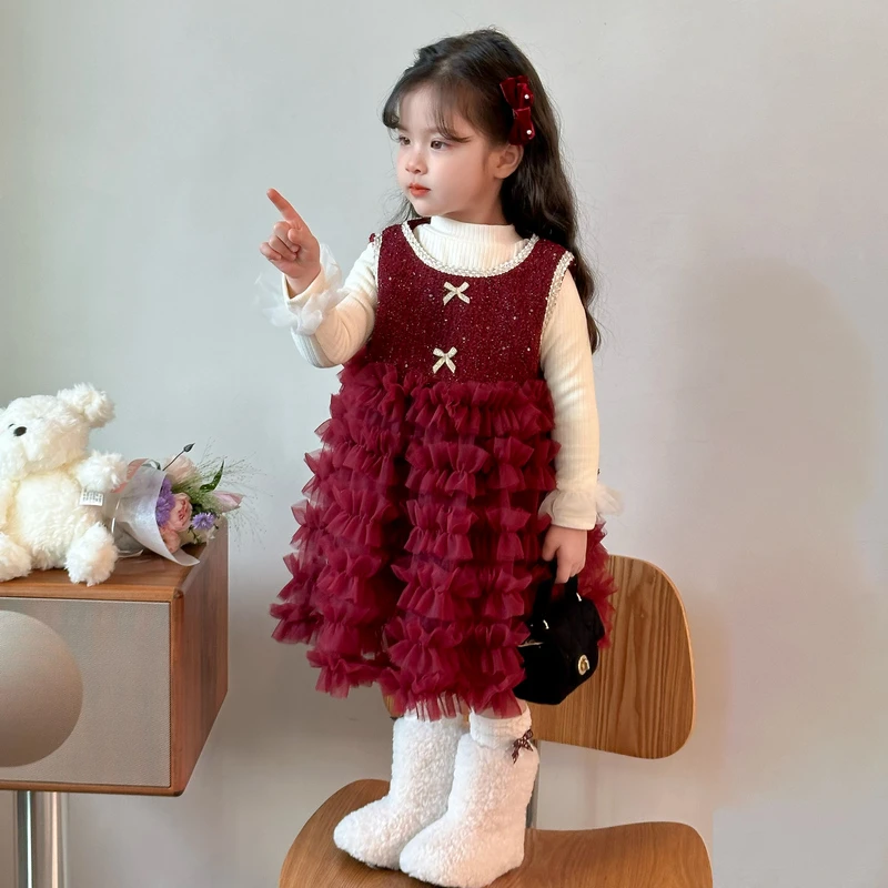 拜年服女童加绒背心裙套装秋冬款儿童公主连衣裙宝宝过年喜庆衣服