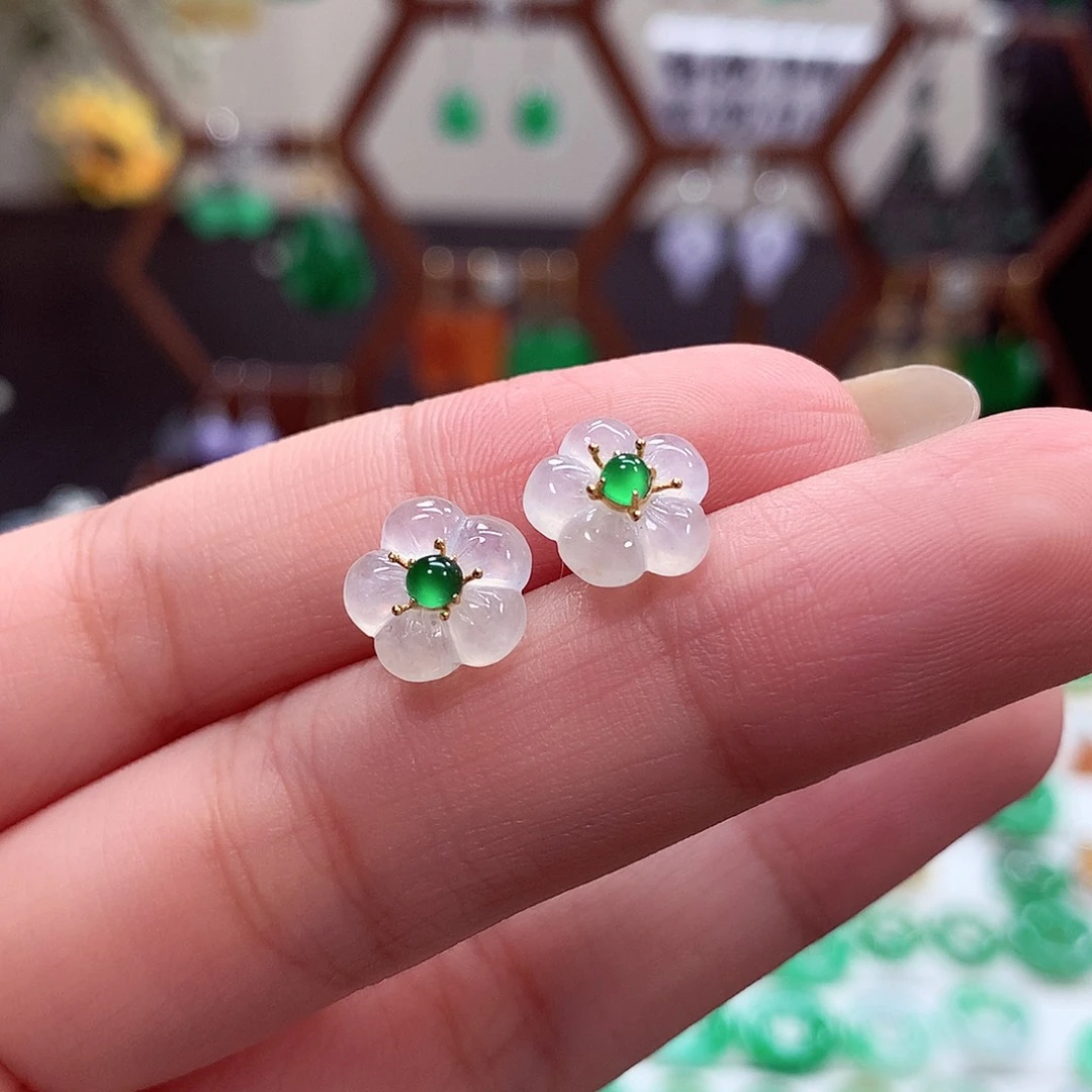 翡翠耳饰18K金镶嵌天然翡翠