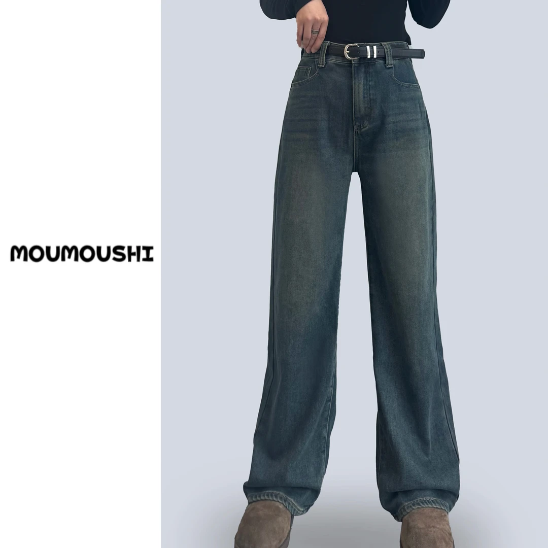 9023直筒复古高腰冬季窄版加绒时尚牛仔裤