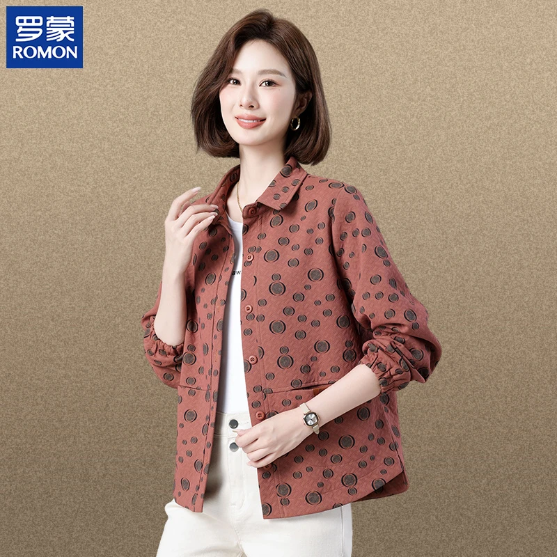罗蒙时尚妈妈秋装外套短款中年女士秋季波点翻领夹克新款减龄风衣