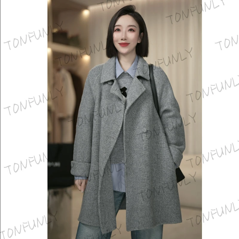 <TONFUNLY>新A字版翻袖包扣羊毛呢大衣外套时尚百搭女士大衣