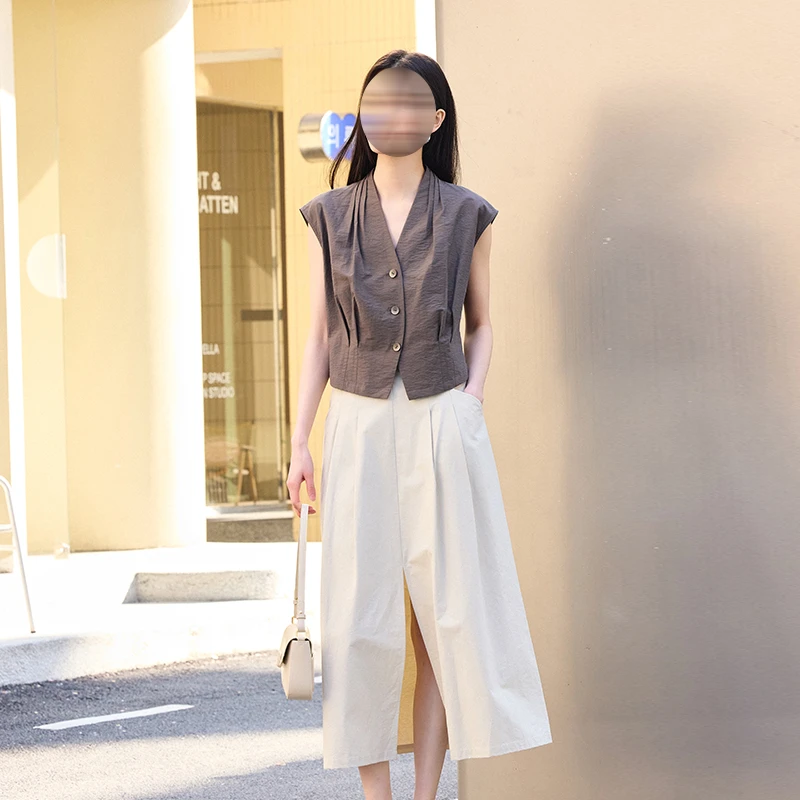 夏季法式气质无袖V领衬衣套装极简风半身裙两件套867086