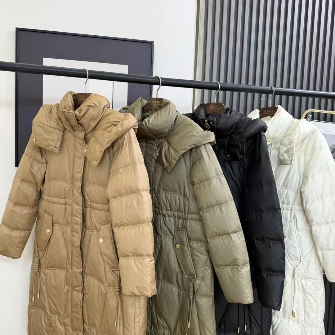 90%白鸭绒~长款纯色保暖连帽羽绒服Y1339