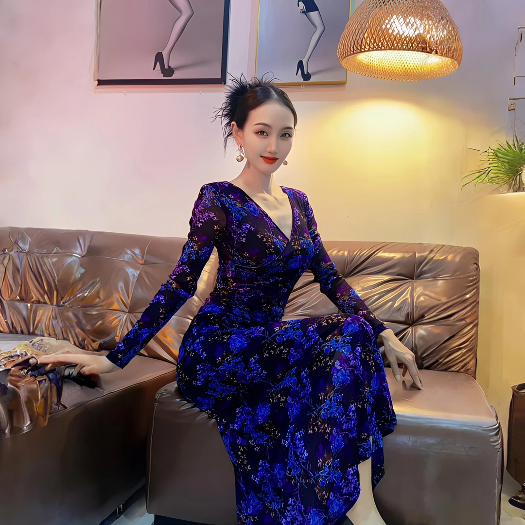 高弹款(妲己归来)妖紫兰色修身长款大摆秋冬高贵时尚连衣裙气质