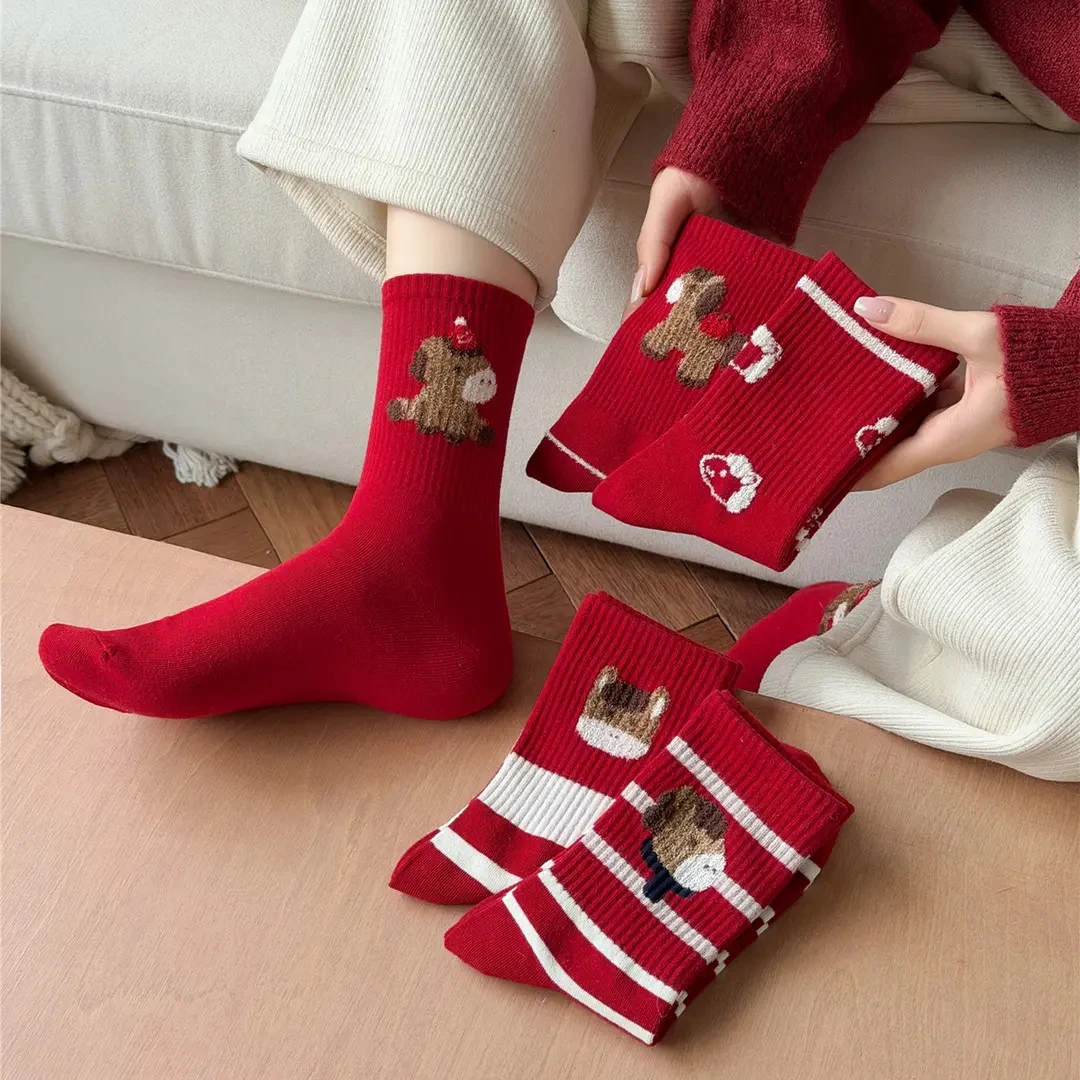 马年本命年红袜子ins女中筒袜秋冬新年马年卡通棉袜网红款潮袜W