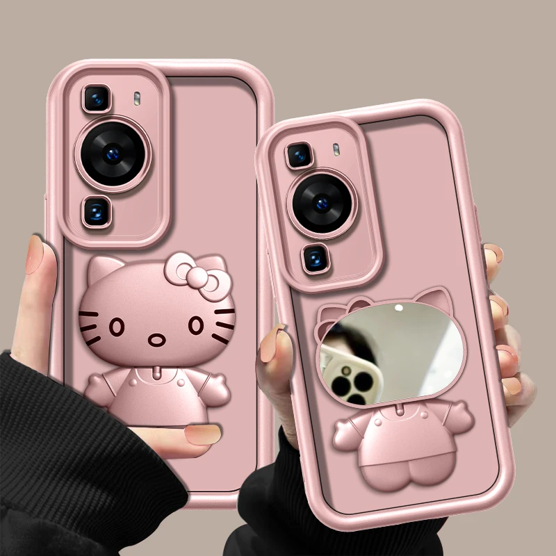 适用于【华为p60】金属漆香槟粉高级感猫咪支架手机壳防摔创意女款