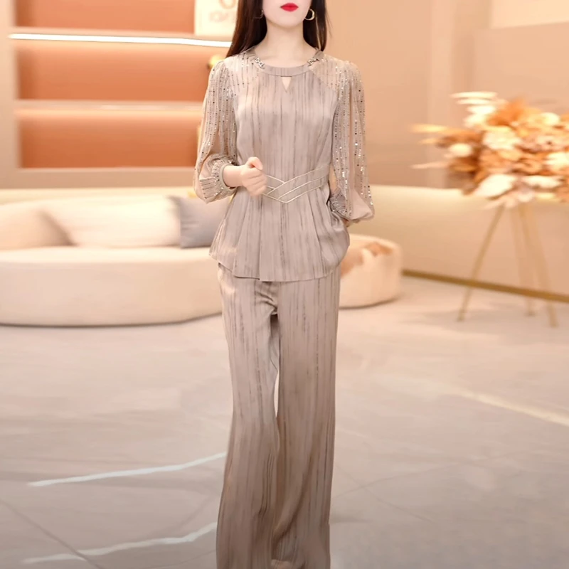 金丝缎时尚轻奢套装女士2025春季新款法式优雅气质修身显瘦两件套