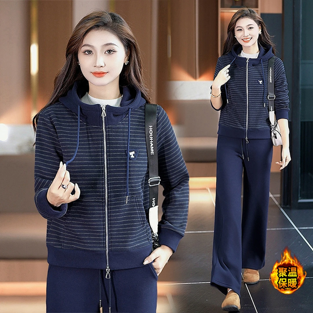 休闲风时尚套装女2025秋冬季新款宽松保暖连帽外套阔腿裤两件套潮