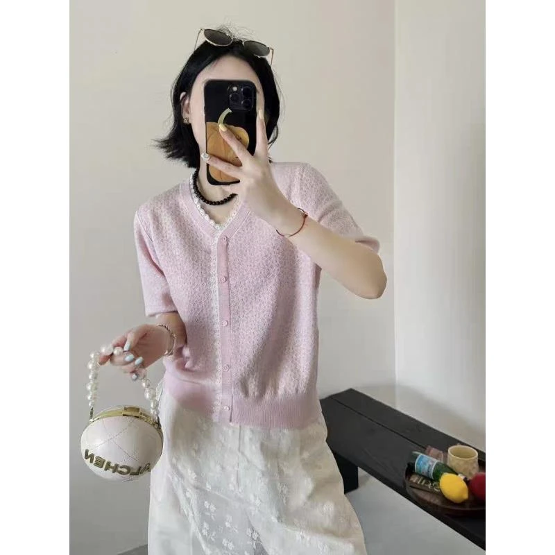 新新定制-V领蕾丝边单排扣假开衫提花套头常规厚针织短袖163621