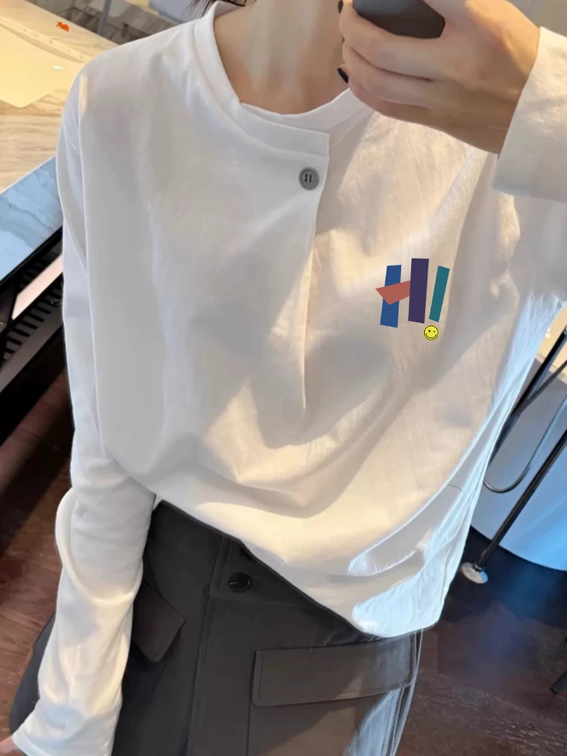 2025年早春季韩版一粒扣白色长袖T恤女宽松极简风内搭白新款T恤潮