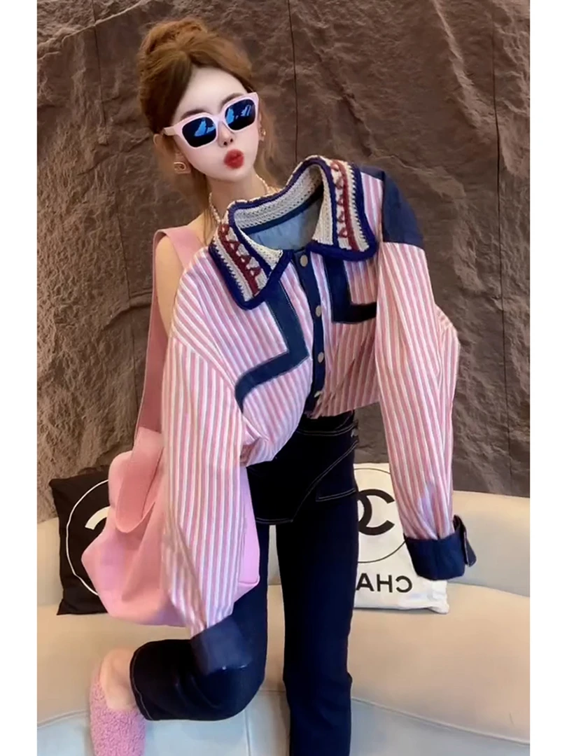 早秋巨好看法式独特精致小上衣轻奢高级感重要场合粉色条纹衬衫女