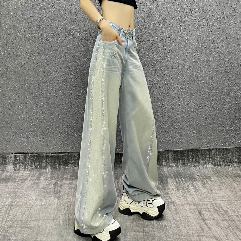 闪亮烫钻设计水洗休闲牛仔裤女秋新款高腰宽松显瘦百搭直筒阔腿裤