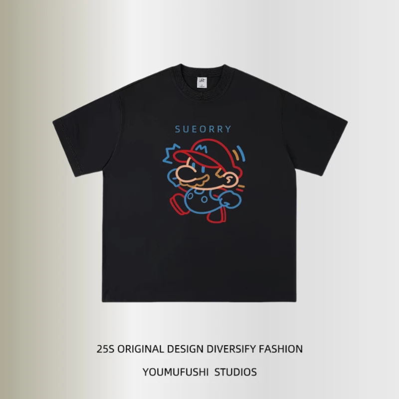 2025夏季新款美式复古卡通手绘图案印花T恤男街头百搭宽松休闲短t