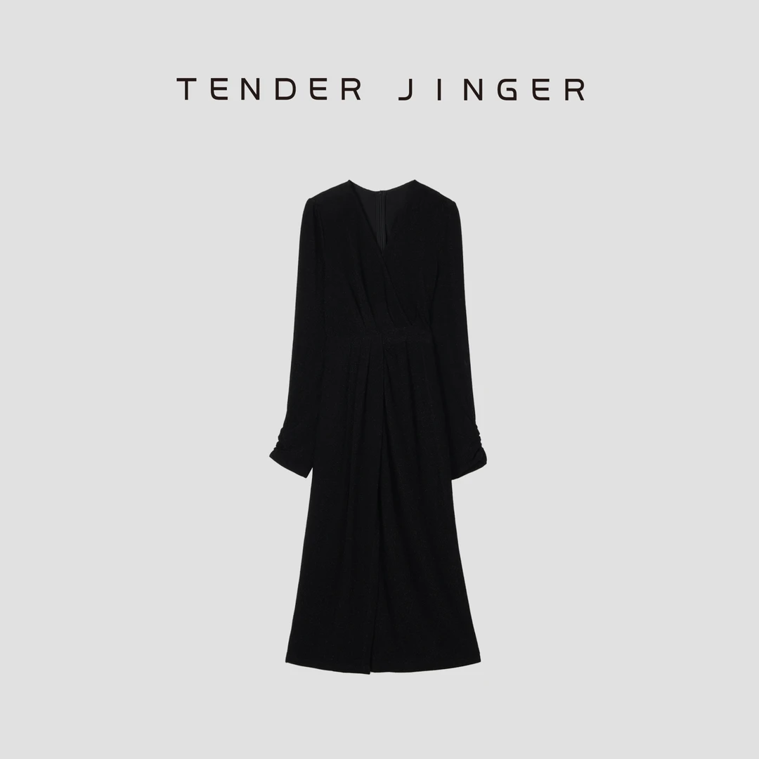 Tender Jinger【专柜】醋酸细闪V领法式连衣裙T51CZ80281