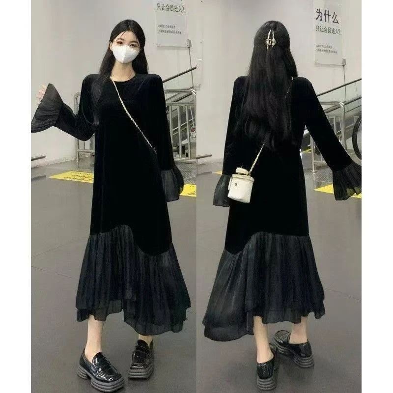 女秋装微胖MM气质名媛轻奢高级感遮肚显瘦连衣裙子赫本小黑裙8850