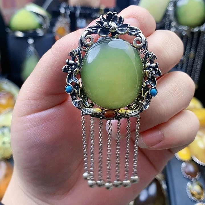 琥珀裸石银S925镶嵌坠