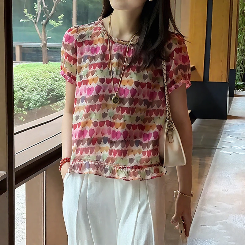 法式减龄撞色拼接褶皱圆领衬衫女新款轻薄舒适原来显瘦百搭上衣夏