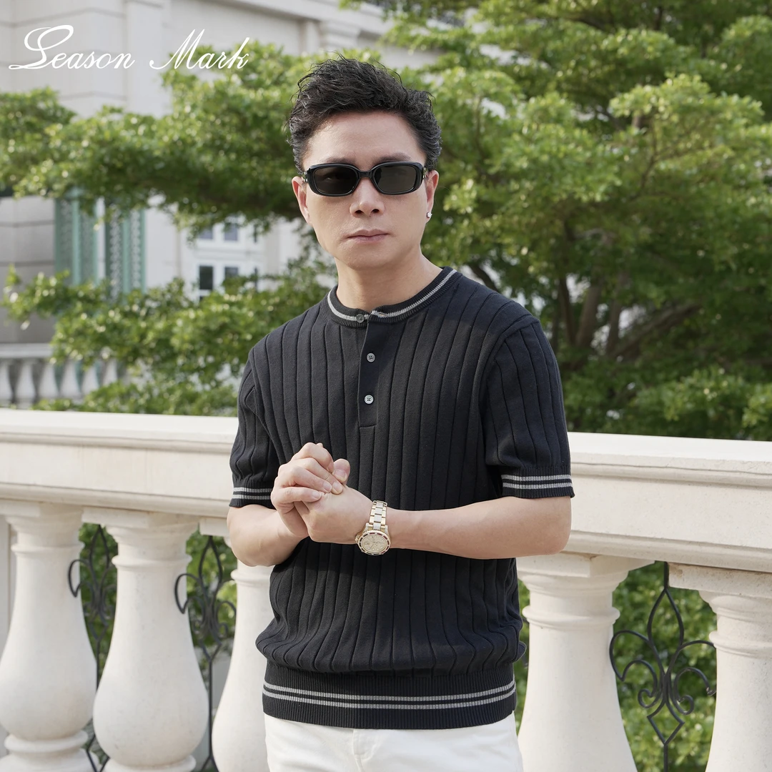 SEASONMARK夏季新款针织条纹亨利领短袖商务休闲舒适男女同款T袖