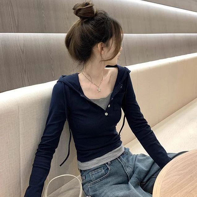 假两件修身连帽长袖t恤女春秋季设计感漂亮小衫独特别致正肩上衣