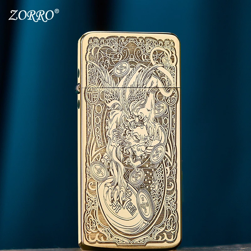 适用佐罗ZC5超薄深雕煤油打火机精雕防风招财貔貅原铜大唐草防风