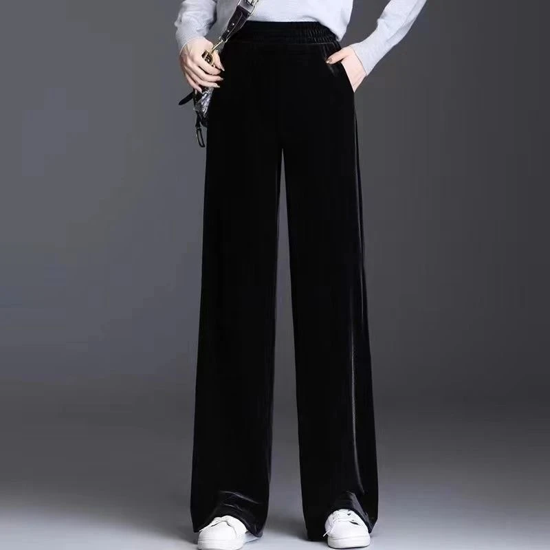 2025春秋新款丝绒高腰阔腿裤垂感显瘦百搭长裤女士修身时尚直筒裤